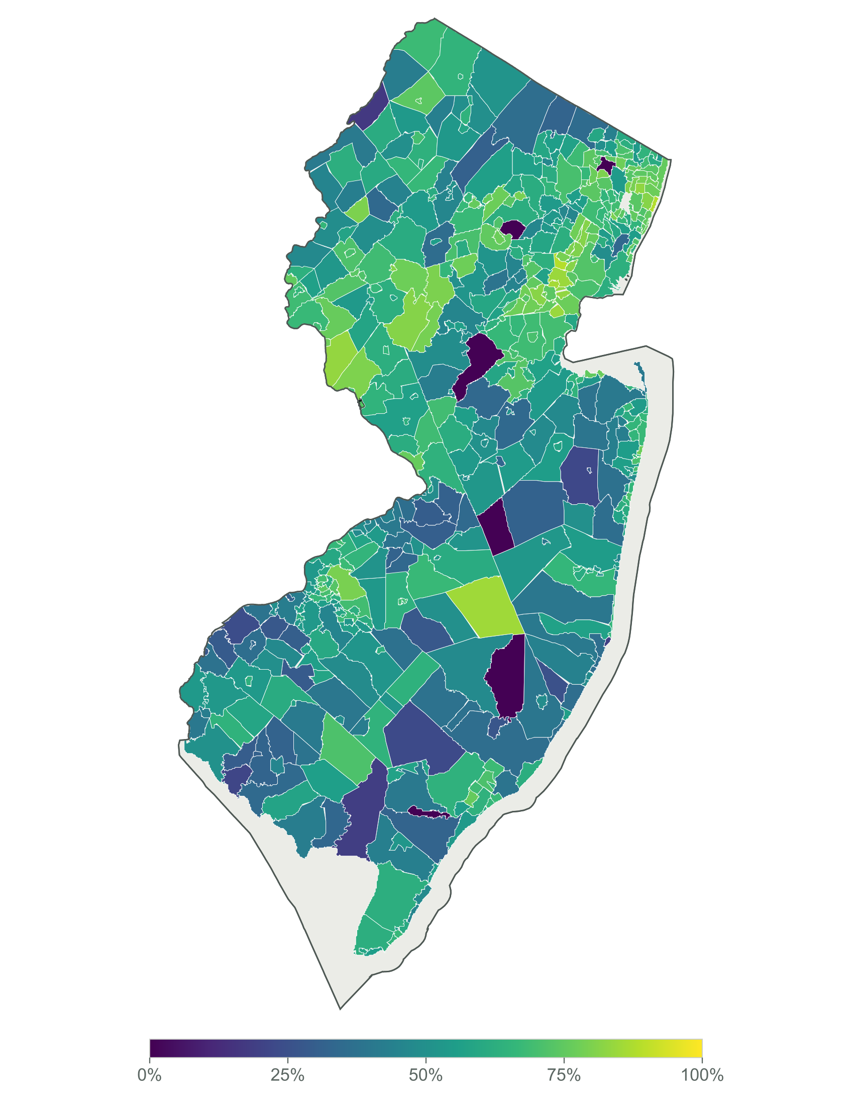 Choropleth map of New Jersey shaded by the share of each town's quiet-preferring e-bike route that stays on the lowest-speed roads and paths. Most municipalities render mid-to-light, indicating a majority-quiet share, with scattered darker towns where the best route uses few low-speed miles.