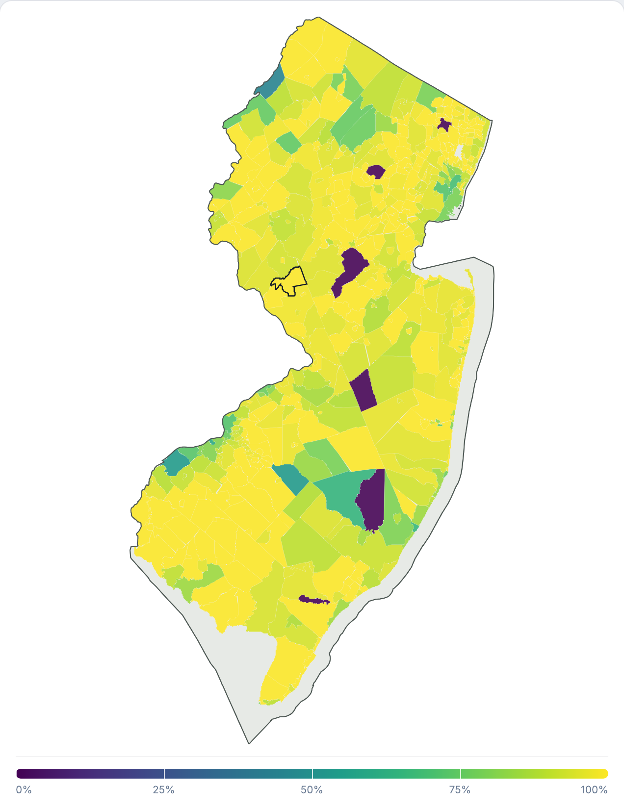 Choropleth map of New Jersey shaded by the share of nearby ring-survey points a pedal-assist e-bike can legally reach from each town center. Almost the entire state renders light, indicating near-total reach, with a handful of darker municipalities.